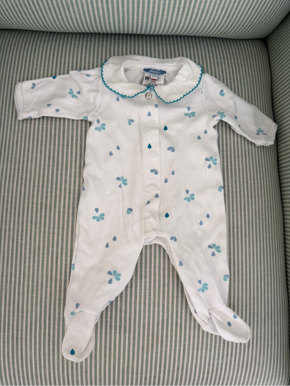 Jacadi White Footed One-Piece with Teal Floral and Raindrop Print - 1M